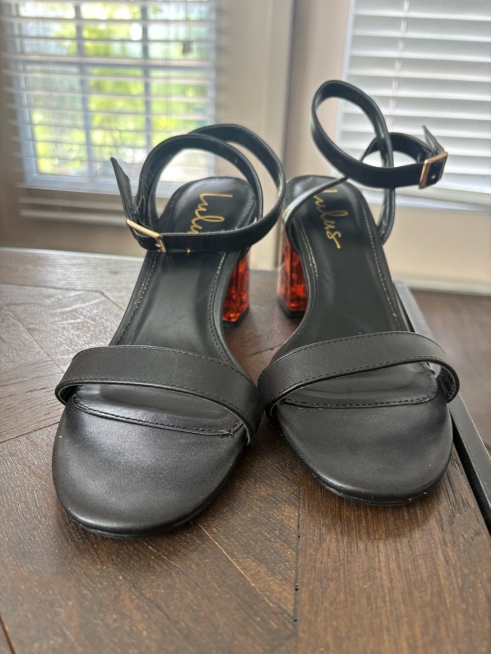 Lulu's Black Ankle-Strap Sandals with Amber Lucite Block Heel